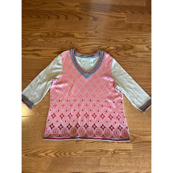 JH Collectibles Woman Beige Coral Pattern V Neck Sweater 1X - Picture 1 of 3